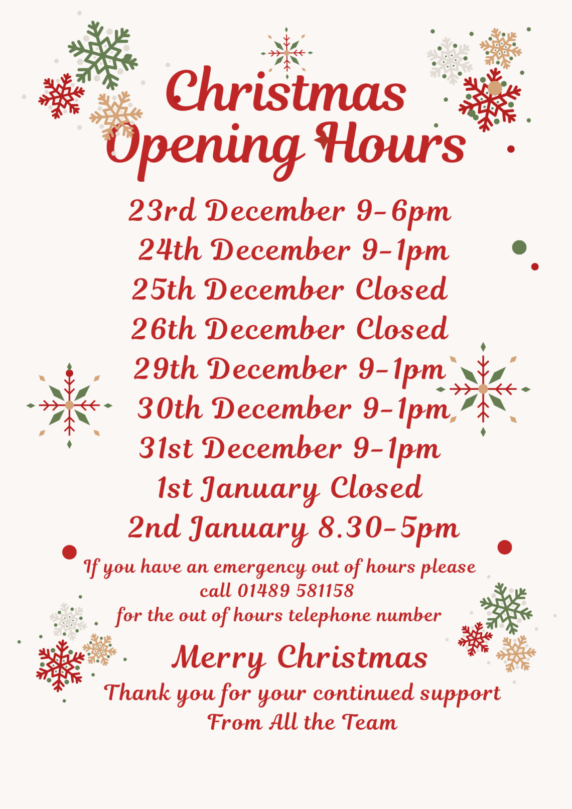 Christmas Opening Hours 