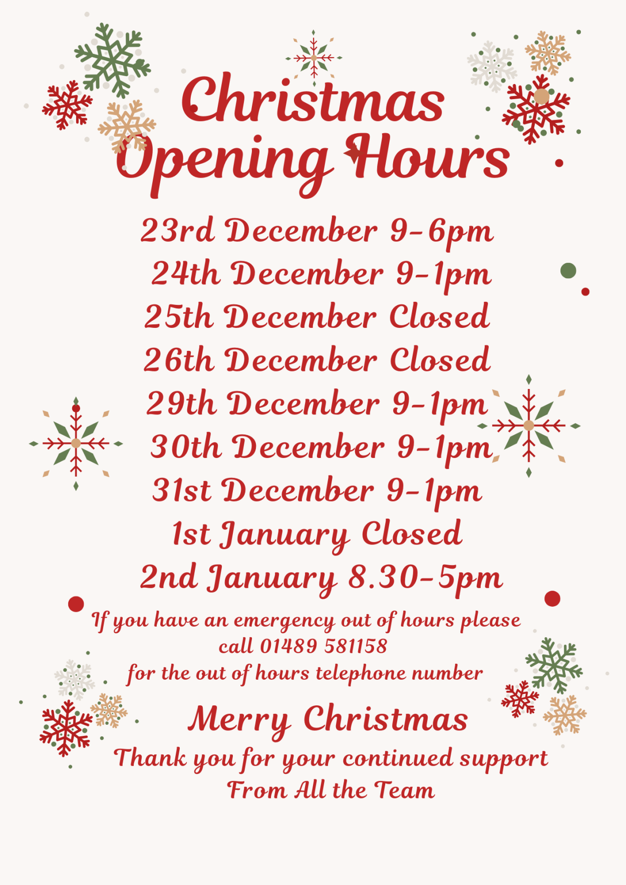 Christmas Opening Hours 